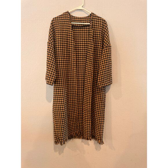 Women's Houndstooth Open Front Cardigan Fringed 3/4 Sleeve Brown‎ Black M - Picture 1 of 4